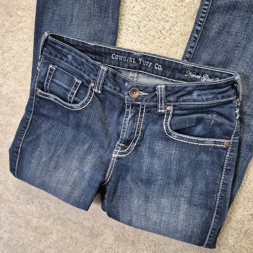 Cowgirl Tuff Never Give Up Slim Bootcut Jeans Womens ACTUAL 29 Tall Western USA